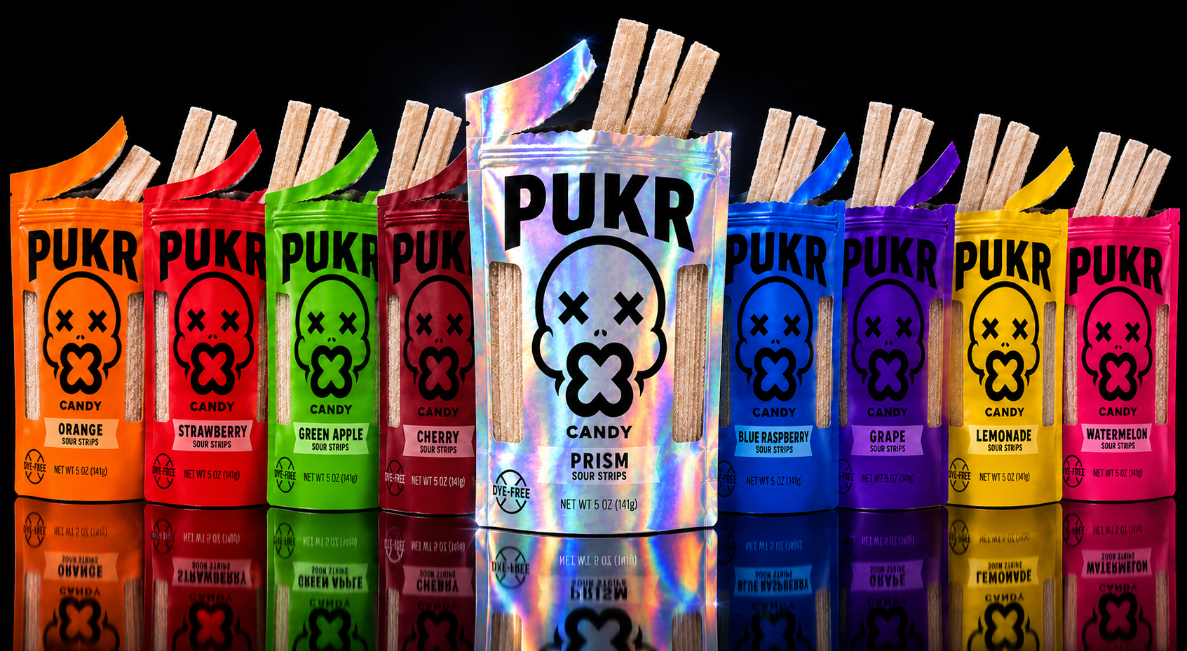 PUKR nine-flavor lineup with holographic Prism bag centered