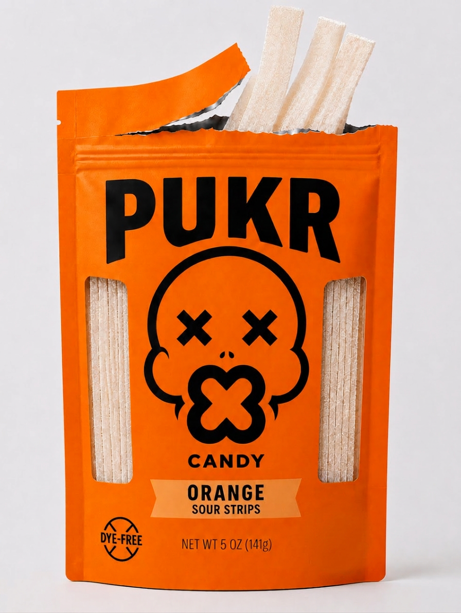 Orange PUKR sour strips packaging