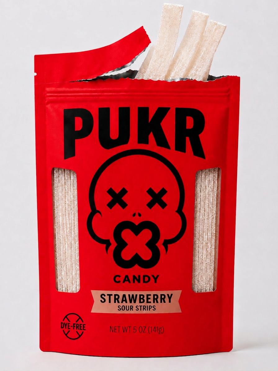 Strawberry PUKR sour strips packaging
